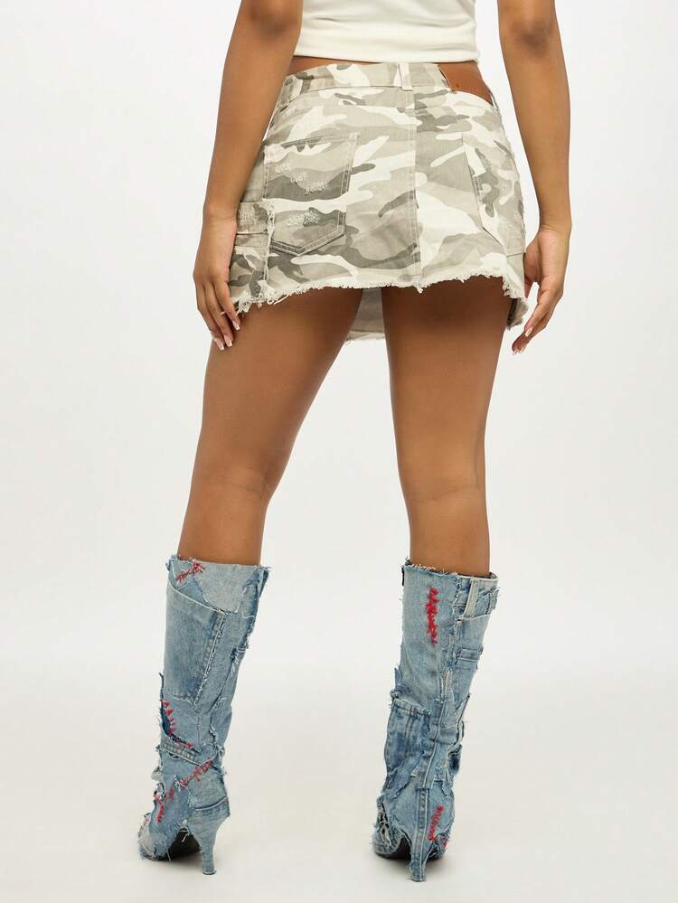 SUMWON WOMEN Distressed Denim Mini Skirt With Chain And Charm Details