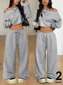 Coolane Women's Autumn Clothes Streetwear Casual Daily Wear Essentials Comfortable Grey Sweatshirt And Wide Leg Sweatpants,2pcs Comfortable Two Piece Set