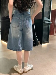 DAZY 女式宽松直筒七分牛仔裤，宽松牛仔裤 - 中等水洗藍 - 查看 4