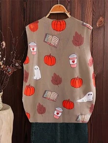 Linhara 1pc Women Plus Size Pumpkin & Ghost Pattern Knit Cardigan Sweater Vest, Suitable For Halloween - Multicolor - View 2