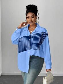 Maweii 大码女式春秋季长袖撞色条纹休闲衬衫，性感百搭，适合工作和日常穿着，蓝色 - 彩色 - 查看 6