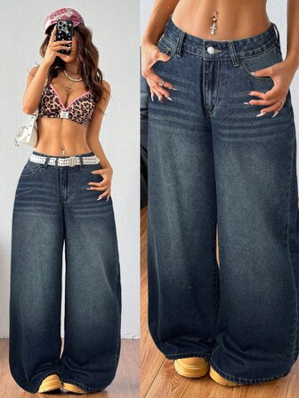 Coolane Jeans amples à jambes larges, couleur unie, avec poches, style décontracté pour femmes