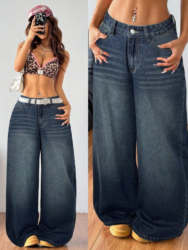 Coolane Women's Solid Color Pocket Casual Loose Wide Leg Jeans