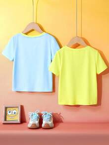 SpongeBob SquarePants | SHEIN 2 szt./zestaw dziecięcych koszulek z krótkim rękawem i okrągłym dekoltem w kreskówkowy wzór, swobodny krój, dzianina - Żółty - Zobacz 2