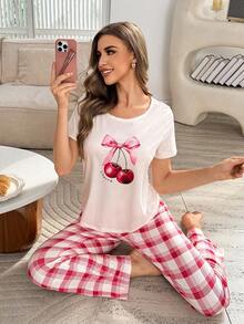 2 Stücke Schleife & Kirsch Muster Kurzarm Top und karierte Hose Pyjama Set - Verschiedenfarbig - Übersicht 3