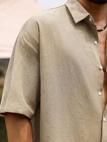 Genlund 男士纯色短袖宽松落肩纯棉休闲衬衫，夏季 - 駝色 - 查看 3
