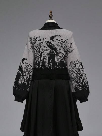 Goth Suéter de cuello alto gótico y oscuro con estampado de cuervo, luna, murciélago y rama en jacquard negro de manga farol, talla grande