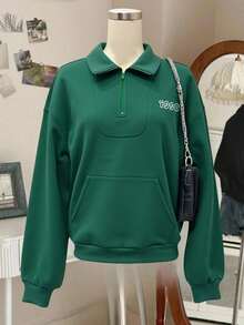 SHEIN Sweat-shirt-shirt vert surdimensionné à col montant avec petit imprimé floral, style décontracté universitaire en tissu doux, Sweat-shirt-shirt polyvalent et confortable convenant pour le port quotidien, l'école, les voyages, les activités extérieures. Sweat-shirt-shirt vert esthétique Y2K, pour l'automne/l'hiver - Vert - Voir 1