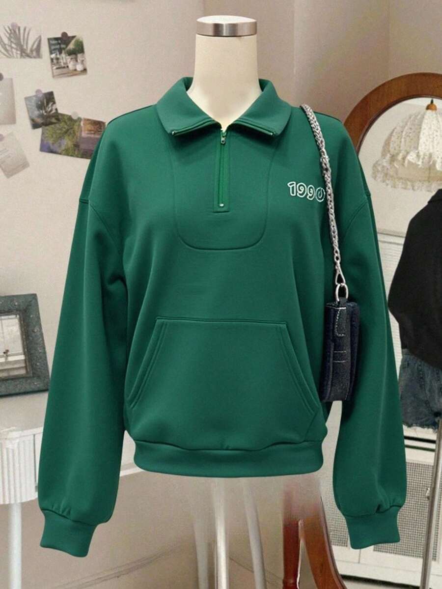 SHEIN Sweat-shirt-shirt vert surdimensionné à col montant avec petit imprimé floral, style décontracté universitaire en tissu doux, Sweat-shirt-shirt polyvalent et confortable convenant pour le port quotidien, l'école, les voyages, les activités extérieures. Sweat-shirt-shirt vert esthétique Y2K, pour l'automne/l'hiver - Vert - Voir 1