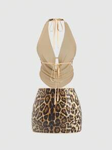 Sweetra Bộ váy ngắn bó sát 2 món họa tiết da báo đính đá lấp lánh mới dành cho nữ, thích hợp mặc đi biển, đi nghỉ, tiệc tùng, mùa xuân/thu - Nhiều màu - Xem 2