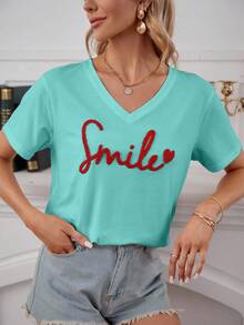 SHEIN Cottnline Cotton Heart & Letter Pattern Drop Shoulder Tee , Summer Vacation Top - Mint Blue - View 4