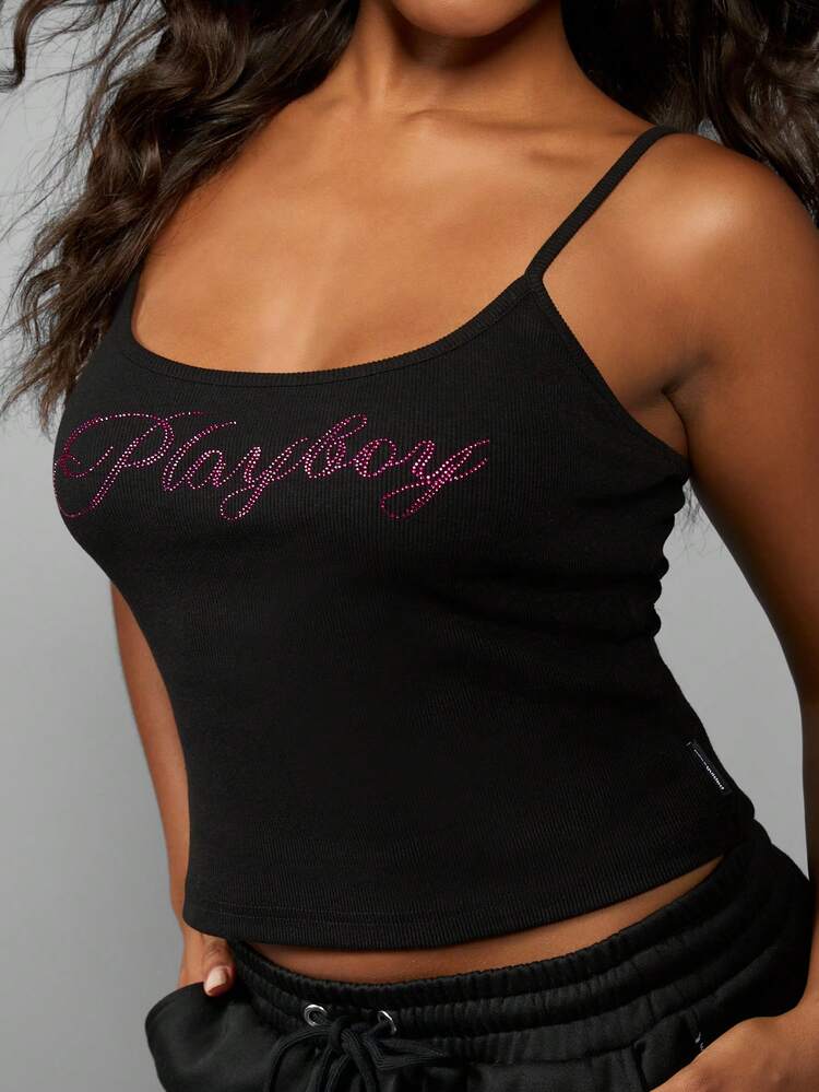 Missguided x Playboy Cotton Rhinestone Script Camisole Sleeveless Tank Top Summer Festival Cami