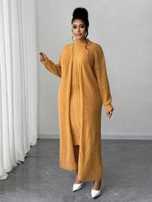 Maweii Plus Size Women Solid Color Cable Knit Elegant Dress Cardigan Two Pieces Set Winter Fall Autumn - Yellow - View 5