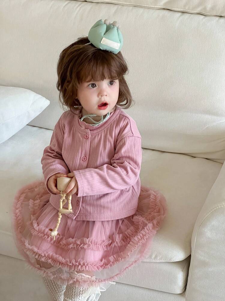 Baby Girls Casual Korean Style Cardigan Jacket & Mesh Midi Dress Set Fall,Winter Toddler Girls Clothes