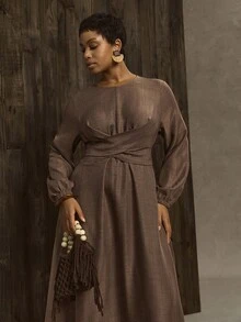 EMERY ROSE Plus Size Women Solid Color Round Neck Criss-Cross Waist Tie + Bowknot Back Elegant Vintage Daily Dress, Autumn/Winter - Khaki - View 6