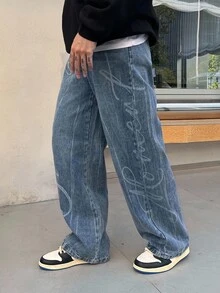 DAZY Autumn Artistic Letter Print Washed Blue Men's Jeans - Blue - View 3