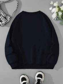 INAWLY Halloween, Soul, Horror Season, Embroidered Pattern Crew Neck Sweatshirt - Navy Blue - View 2