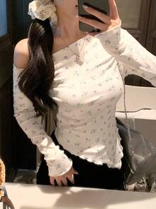 DAZY Áo thun dài tay nhún bèo lệch vai gợi cảm cho nữ - trắng - Xem 6