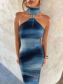 Aloruh 女士优雅性感蓝色扎染纹理图案金属扣装饰镂空紧身长裙，适合优雅约会、派对、秋冬装 - 彩色 - 查看 5