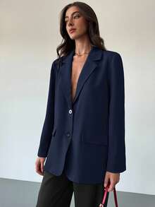 Aloruh Minimalist Commuting Gray Textured Oversized Long Sleeve Loose Blazer For Young Women In Fall/Winter - Navy Blue - View 7