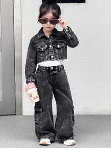 SHEIN 2 件套年轻女孩深灰色牛仔翻领长袖短外套和宽松裤子 - 深灰色 - 查看 4