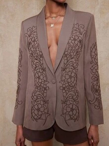 SHEIN Privé VITNOS Women's Luxury Elegant Brown Floral Blazer,Embroidered Fabric Shawl Collar Long Sleeve Coat For Summer Tea Party,Wedding,Business Casual,Dates - Brown - View 7