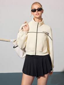 CourtClass Women's Autumn/Winter Thermal Lined Personalized Slogan Dropped Shoulder Drop Shoulder Loose Pocket Stand Collar Contrast Zipper Sports Casual Tennis Jacket - Apricot - View 5