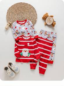 SHEIN Set de lenjerie de casă tricotată cu 4 buc. pentru bebeluși, model drăguț de desene animate, Crăciun, cu mânecă lungă