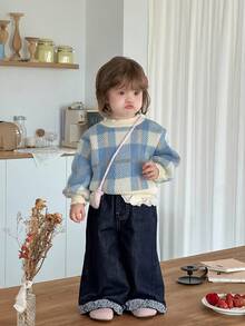 DAZY 女宝宝格子针织毛衣韩版甜美清新长袖秋冬 - 藍色 - 查看 4