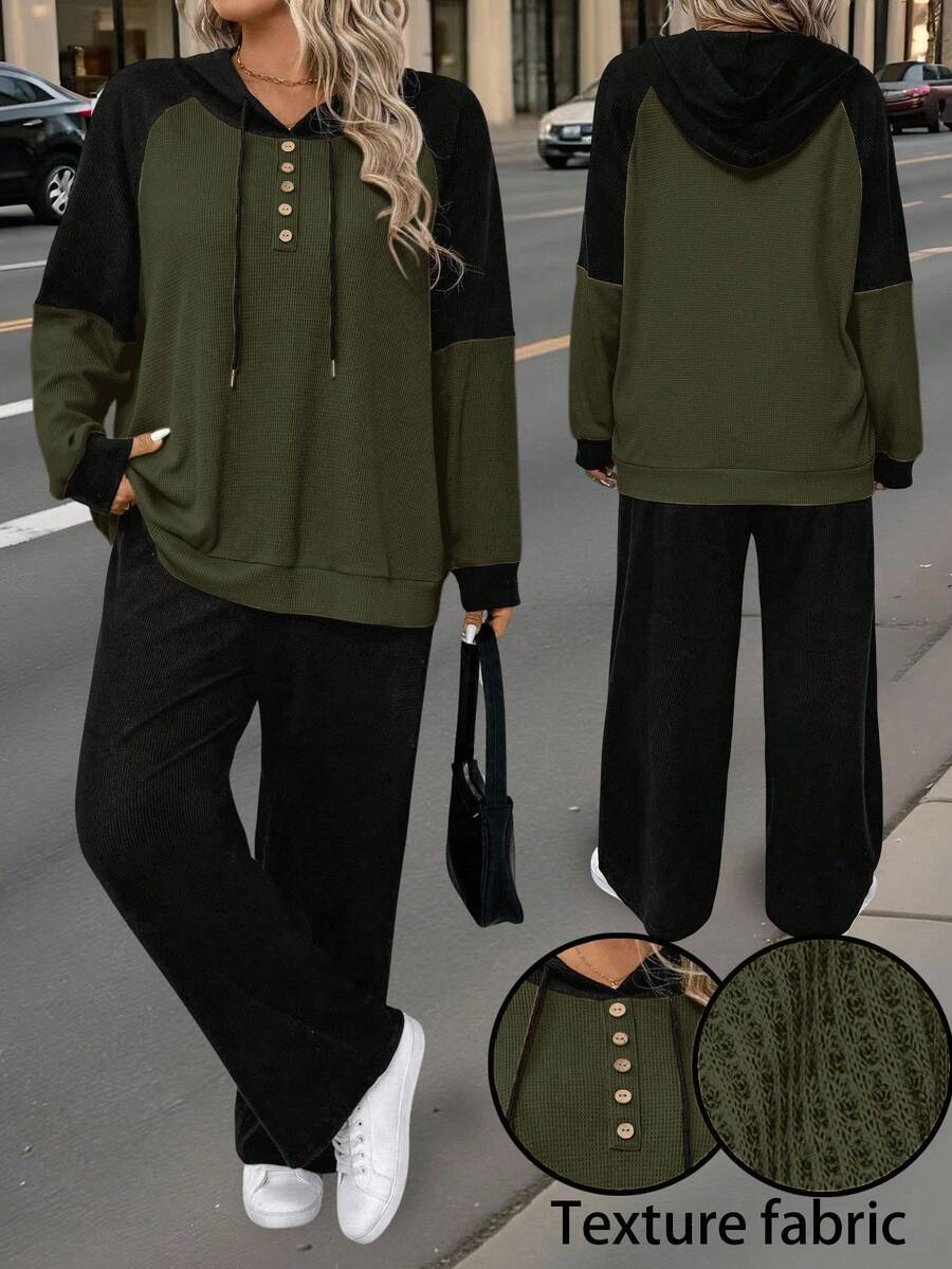 2pcs/Set Casual Comfortable Contrast Color Hoodie Outfit For Women - Multicolor - View 1