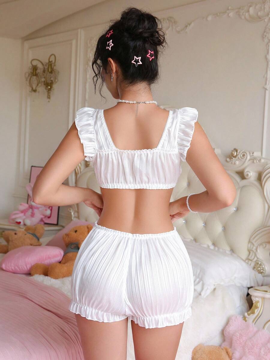 SHEIN 2pcs Women's Sexy Lingerie Set, Ruffle Trim Wireless Tie Front Crop Top And Ruffle Trim Shorts - White - View 1