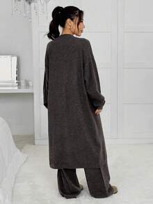 SHEIN EZwear Brown  New Autumn Clothes Coffee Brown Casual Long Sleeve Single-Breasted Long Knitted Cardigan, Autumn,Cozy Fall And Winter Clothes For Women Brown - Coffee Brown - View 2