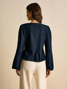 Poéselle 女式秋季灯笼袖单排扣褶边牛仔衬衫