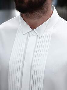 Manfinity Homme Plus Size Men's Casual Everyday Commute Simple Solid Color Fold Pleated Long Sleeve White Shirt, Spring/Autumn, For Fall - White - View 3