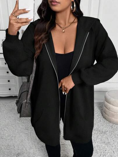 SHEIN LUNE Plus Size Women Hooded Zip-Up Long Sleeve Casual Long Hoodie Plus Size Hoodies For Women Plus Size Black Zip Up Hoodie Black Zip Up Jacket Women Plus Size Zip Up Jacket Black Zip Up Hoodie Plus Size Hoodies Women 8xl Women Clothes Plus Size Jacket Black Clothes For Women In Fall/Winter