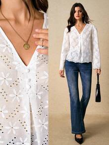 Poéselle Women's Shirts Embroidered Shirts Shell-Edge Shirts White Shirts Long-Sleeved Shirts Women's Elegant Commuter Solid Color Hollow Embroidery Blouse Fall Clothes For Women Autumn Clothes Fall Outfits For Women Women's Winter Clothes - White - View 1