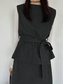 FRIFUL Damski szary top w jednolitym kolorze z paskiem w talii i długą spódnicą, elegancki dwuczęściowy garnitur, strój biznesowy na co dzień dla pań, jesień - Szary - Zobacz 7