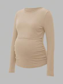 Modmama 休闲纯色圆领长袖高弹力哺乳上衣 - 卡其色 - 查看 14