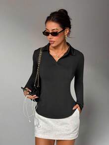 Dewbera Women's Basic Long Sleeve Polo Collar Yoga Top - Black - View 4