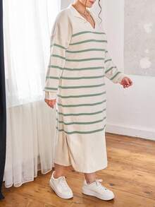 EURMUSE Vestido de suéter con abertura en el bajo y estampado de rayas - verde menta - Ver 4