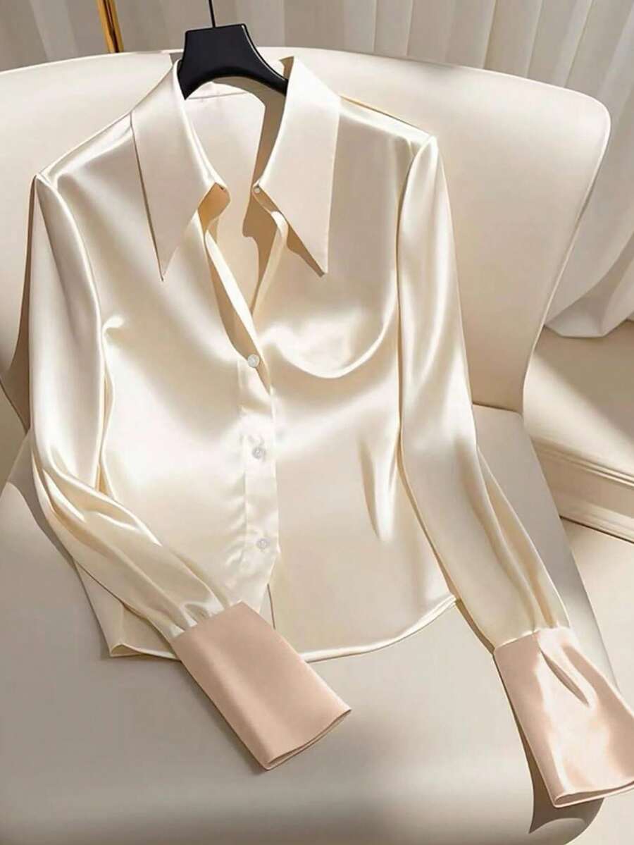 GlowEve Women's Knitted Jacquard Satin Long Sleeve Contrast Color Blouse Fall Cloth For Women