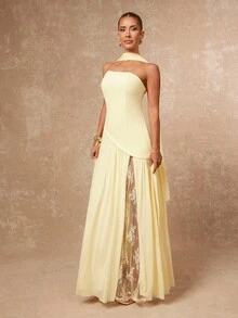 Lumalex Robe moulante avec encolure ras-du-cou et dos nu avec un corsage en maille fluide pour femmes