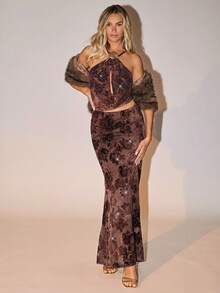 Glamine Women's Brown Floral Velvet Criss-Cross Backless Draped Neck Top & Bodycon Maxi Skirt Set,Autumn,Elegant,Night Out Party Outfit Skirt Suit - Brown - View 5