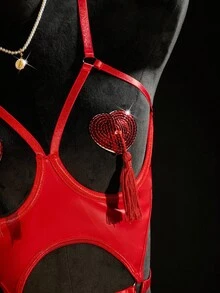 SpicyHot 红色 PU 皮革透明娃娃装，配有细肩带和朋克风格设计渔网袜开裆内衣红色内衣套装渔网内衣红色渔网开裆内衣套装，外出 - 紅色 - 查看 3