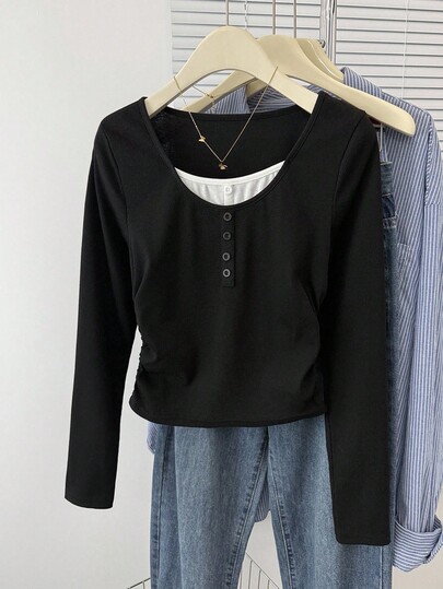 SHEIN Teen Girls' Solid Color Ribbed Contrast Color Button Waist Pleated Knit Stretchy Long Sleeve Crew Neck T-Shirt, Casual, Home, Back To School Season Fall Winter