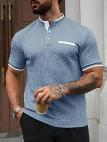 Manfinity Homme 男士休闲纹理撞色边短袖 Polo 衫，夏季男士浅蓝色上衣男士休闲上衣男士纹理上衣男士夏季衬衫浅蓝色衬衫男士，Old Money 风格 - 孔雀藍 - 查看 5