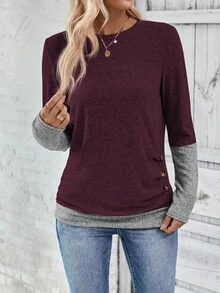 EMERY ROSE 女士休闲撞色拼布二合一 T 恤，秋季图案 T 恤女上衣 - 中紫紅色 - 查看 4