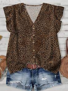 EMERY ROSE Koszula damska w dużym rozmiarze, codzienna, swobodna, wakacyjna, różowa, z dekoltem w serek, z krótkimi rękawami, w stylu wakacyjnym, z wzorem w panterkę, luźna, letnia odzież damska, wakacyjna odzież damska, letnia odzież damska, - Wielokolorowe - Zobacz 1