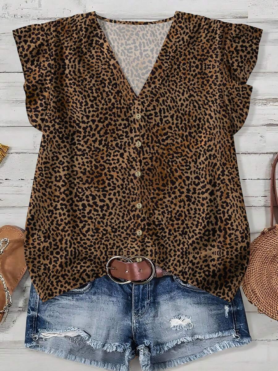 EMERY ROSE Koszula damska w dużym rozmiarze, codzienna, swobodna, wakacyjna, różowa, z dekoltem w serek, z krótkimi rękawami, w stylu wakacyjnym, z wzorem w panterkę, luźna, letnia odzież damska, wakacyjna odzież damska, letnia odzież damska, - Wielokolorowe - Zobacz 1