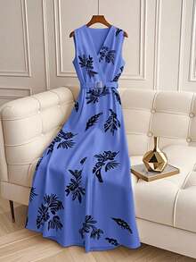 Franclia Women's Printed Dress Deep V-Neck Cinched Waist Dress